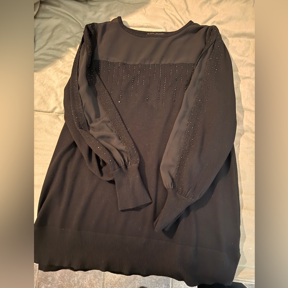 Cable & Gauge Black Long Sleeve Top with Sheer Sleeves and Embellishments - XL